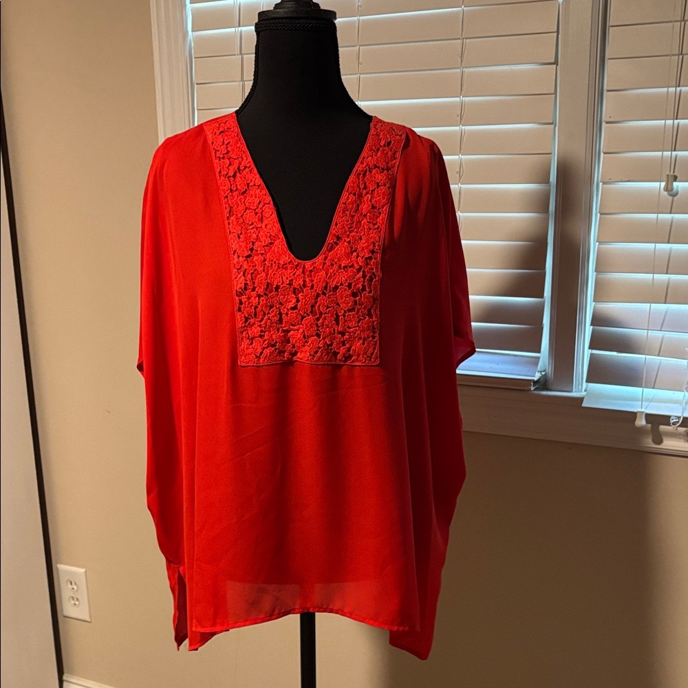 Chaus Vibrant Red Top with Lace Accent